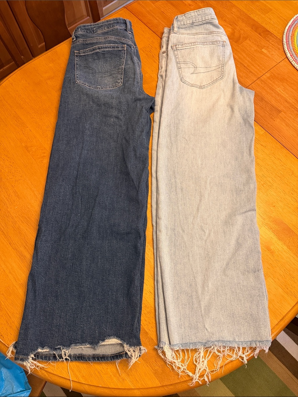 Women’s Raw Hem Wide Leg Jeans - Dark Blue and Light Blue- American Eagle